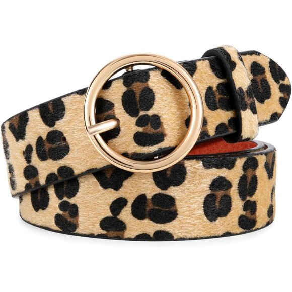 Women Leather Belt with Circle Gold Buckle Fashion Ladies Waist Belt Leopard